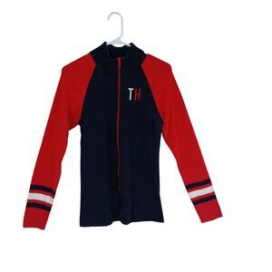 Tommy Hilfiger Sweater TH Logo  Red & Navy Full-Zip Striped Cuffs Size L/G